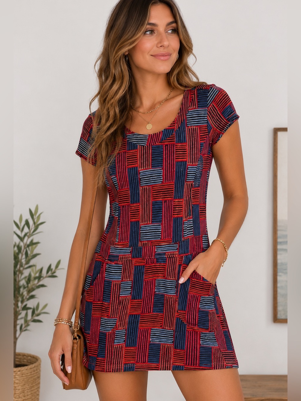 Za Zen Striped Geo-Block Short Sleeve Mini Dress in Red and Blue